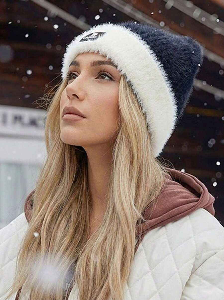 CAMEL CROWN Căciulă tricotată din blană artificială pentru exterior, pălărie tricotată în blocuri de culori pentru toamnă/iarnă, protecție pentru urechi caldă și rezistentă la vânt, pălărie de lână de mărime mare - Negru/Alb - Vizualizare 1
