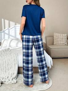 Conjunto de pijama de 2 piezas con top de manga corta azul y pantalón a cuadros para mujer - Azul - Ver 3