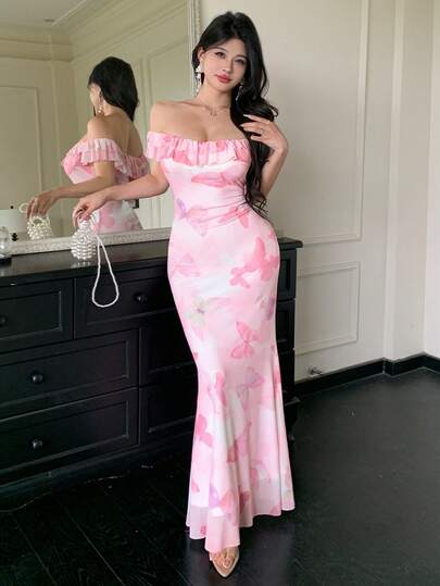 Đầm đuôi cá hở vai xếp ly họa tiết bướm hồng, chất liệu lưới, gợi cảm, thanh lịch cho các buổi hẹn hò, du lịch, phong cách tối giản quyến rũ, ngọt ngào, thích hợp cho mùa tựu trường, mùa xuân/hè, đi nghỉ mát.