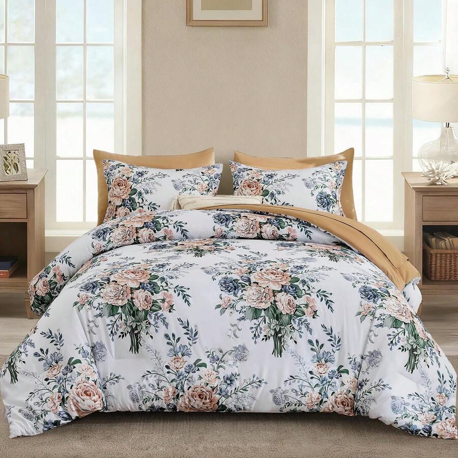 7 Pieces Purple Floral Comforter Set King Size, Soft Microfiber Camel Bed In A Bag Comforter Set With Sheets For All Season,Home ,Bedroom Decor ,Perfect Gift For Valentine's Day, Women's Day & Weddings ,Essential Household Supplies - Lạc đà - Xem 1