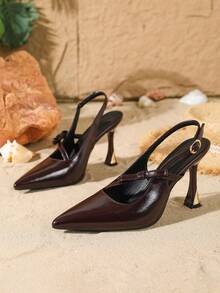 Women's High Heel Shoes, New Design With Cute Bow Decor, Adjustable Ankle Strap, Pointed Toe, PU Material, 9CM Elegant Stiletto Heel, Available In Silver And Coffee Brown, Suitable For Daily Wear, Party, Date, Valentine's Day - Brown - View 4