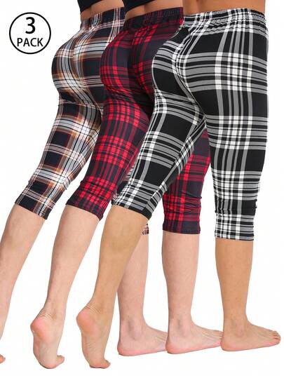 3 paquetes de leggings casuales para mujer, estampado de cuadros blanco y negro, ajuste ceñido, adecuados para ropa deportiva, fitness, uso al aire libre, uso casual, ejercicio en casa, sentadillas, flexiones, correr, yoga, longitud cropped para verano