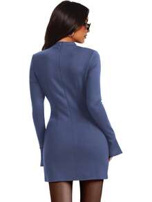 Mock Neck Bodycon Dress For Fall - Women's Long Sleeve Mini Dress, Versatile For Party & Evening - Blue - View 5