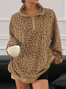 Women's Leopard Print Corduroy Collar Loose Fit Pullover Casual Sweatshirt Y2k,Women's Leopard Print Long Sleeve Zip-Up Drawstring Hooded Casual Loose Sweatshirt - Mẫu Apricot* hàng đầu - Xem 2