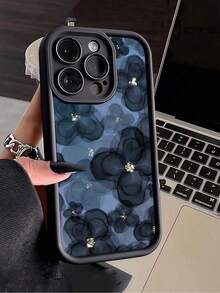 1pc Black Tie Dye Navy Floral Minimalist Full Coverage TPU Shockproof Phone Case Compatible With Apple 17, 16, 15, 14, 13, 12, 11 Pro Max, Air, And Series - Multicolor - View 2