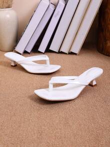 Soft Leather Square Toe Wide Strap Slide Sandals, Casual Thong Sandals With Kitten Heels For Women - White - View 3