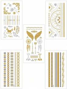 5 Sheets Gold Lace Tattoo Stickers Waterproof Temporary Tattoo Stickers Cool Bohemian Elegant Holiday Party Fake Tattoos - Gold - View 3