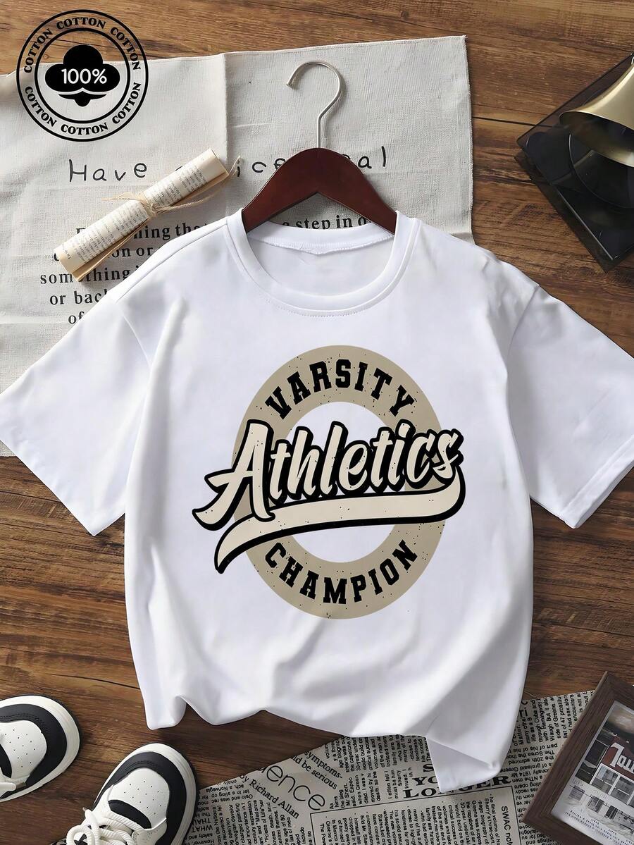 Damen Kurzarm T-Shirt mit Varsity Athletics Champion Grafik-Muster, lässig, locker geschnitten, Streetwear Sommer Top für Teenager Mädchen - Schwarz - Übersicht 1