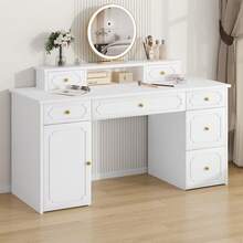 Computer Desk With 7 Drawers And Hutch, 54 Inch Home Office White Writing Desk With File Drawer And Shelves For Work Writing Study, Vanity Desk With Golden Handle For Girls, Bedroom, Black/ White - White - View 7