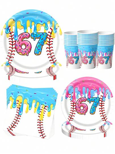 10 قطعة / 50 قطعة / 80 قطعة أطباق ومناديل وأكواب أحادية الاستخدام بتصميم قطرات الآيس كريم والبيسبول لحفلة عيد الميلاد وحفلات استقبال المواليد