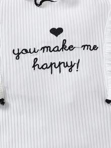 2pcs Baby Girls Casual Cute Fashion Letter Heart Embroidered Ruffle Trim Flare Sleeve Top And Plaid Shorts With Headband Set, Spring/Summer - Black and White - View 5