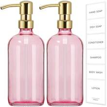 GMISUN Pink Soap Dispenser Bathroom, 2 Pack Kitchen Hand And Dish Soap Dispensers Set, 17 Fl Oz Pink Glass Soap Dispenser With Gold Pump, Refillable Modern Farmhouse Liquid Soap Pump Bottles - 粉紅色瓶子+金色泵 - 查看 2