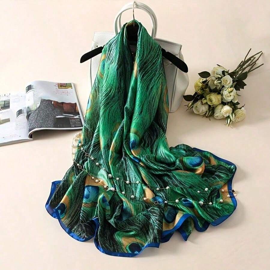 1pc Fashion Chiffon Scarf With Peacock Feather Print, Soft And Warm Neck Gaiter For Spring/Summer - Multicolor - View 1