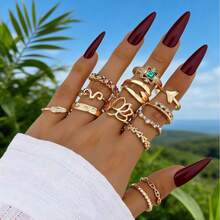 Juego de 13 anillos apilables multicomponentes, adecuado para fiestas de cumpleaños, salir con amigos, uso diario. La combinación de anillos apilados realza el aspecto estiloso general. - Dorado - Ver 1