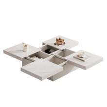 Modern White Square Coffee Table With Marble Look, 90 X 90 X 25 Cm – Four Drawers, Sliding Tabletop, Load Capacity Up To 30 Kg - 白色 - 查看 7