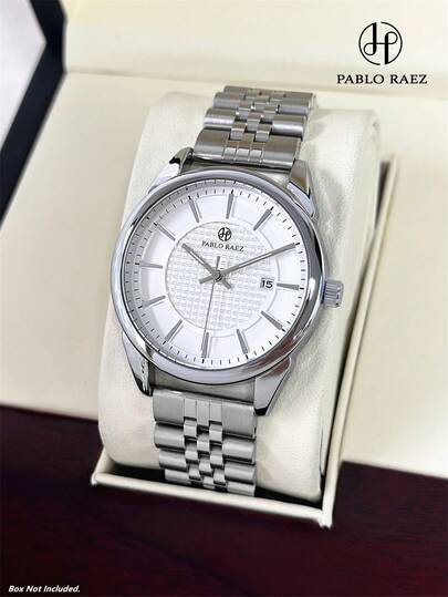  1pc Pablo Raez Men's Stainless Steel Watch, Classic Top Brand New Men's Original Wristwatch, Charming Men's Wristwatch, Luxury 50M Waterproof, Fashion Functional Calendar Date Display, Men's SUS304 Steel Casual Quartz Watch, Silver Jewelry, Anti-Fading, Luminous Pointer, White High-End Business Wristwatch, Daily Wear, Gift For Father Or Male Friends, Graduation Or Wedding Gift