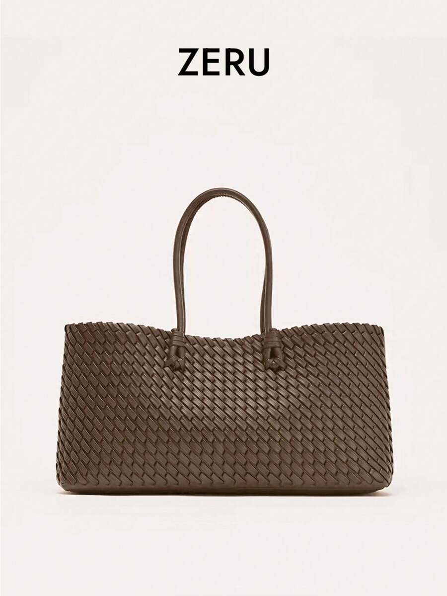 2025新款小众通勤编织手提包，时尚百搭超大容量单肩包 - 巧克力棕 - 查看 1
