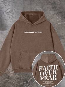 Men's Double-Sided Print Fashionable Autumn Washed Distressed Pocket Hoodie, Men's Vintage Washed Hooded Sweatshirt With Faith Over Fear Back Print - 棕色 - 查看 10