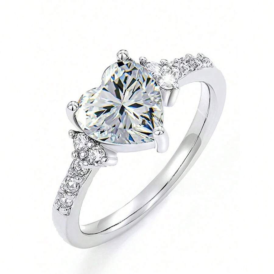 1 Pc 18K Gold Plated Stainless Steel Natural Amethyst CZ Heart Ring Fashion Wedding Jewelry For Women Valentine Mother Day Best Friend Gift - 白色 - 查看 1