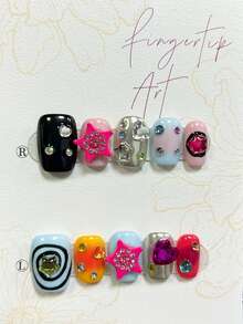 Bộ 10 móng giả dán thủ công kiểu Y2K - Móng vuông ngắn bóng loáng đính đá hình ngôi sao và trái tim, hiệu ứng gương ba chiều, lý tưởng cho các bữa tiệc và lễ hội âm nhạc (1 miếng dán dạng thạch + 1 dũa móng) Dụng cụ làm móng Móng giả dán thủ công - Nhiều màu - Xem 4