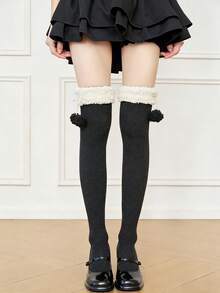 1 Pair Faux Fur Pom Pom Over-The-Knee Socks, Thick & Warm For Autumn/Winter, Cute Lolita Style - Multicolor - View 8