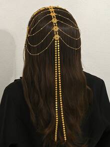 1pc Vintage Hollow Carved Metal Disc Long Chain Headpiece, Women Wedding/Formal Event Accessory