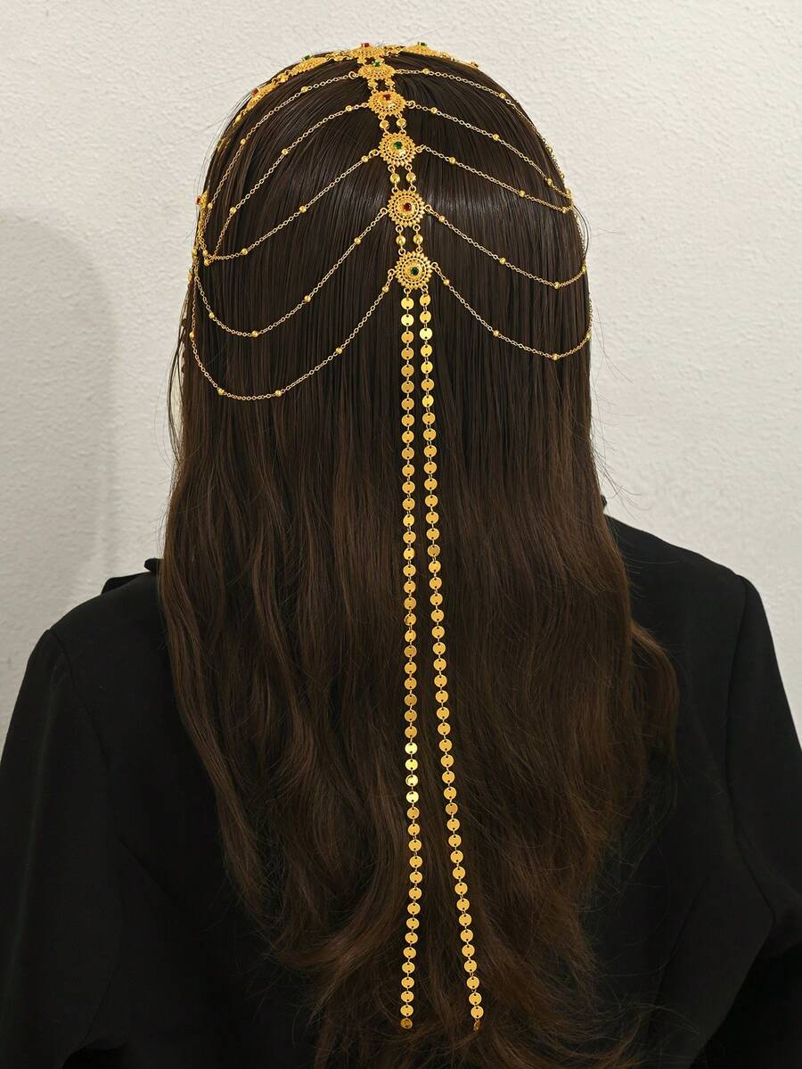 1pc Vintage Hollow Carved Metal Disc Long Chain Headpiece, Women Wedding/Formal Event Accessory