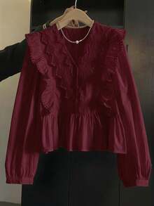 ii Plus Size Casual Solid Color Lace Patchwork Ruffle Trim Long Sleeve Top Spring - Burgundy - View 2