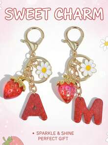 1 pezzo Portachiavi a forma di lettera con fragola rossa, ciondolo floreale carino, portachiavi minimalista per borsa, regalo per donne - Rosso - Visualizzare 1