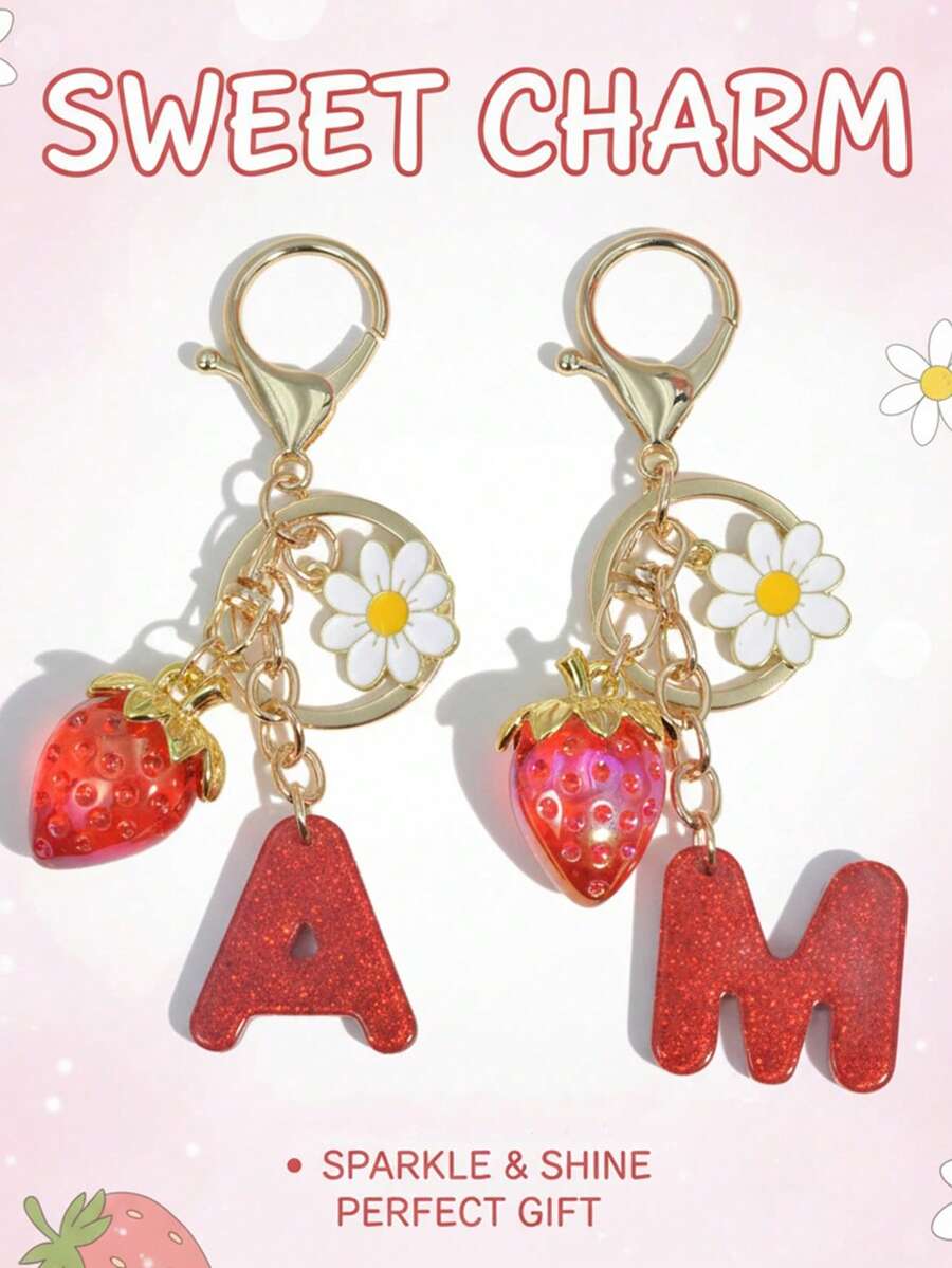 1 pezzo Portachiavi a forma di lettera con fragola rossa, ciondolo floreale carino, portachiavi minimalista per borsa, regalo per donne - Rosso - Visualizzare 1