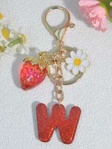 1 pezzo Portachiavi a forma di lettera con fragola rossa, ciondolo floreale carino, portachiavi minimalista per borsa, regalo per donne - Rosso - Visualizzare 36