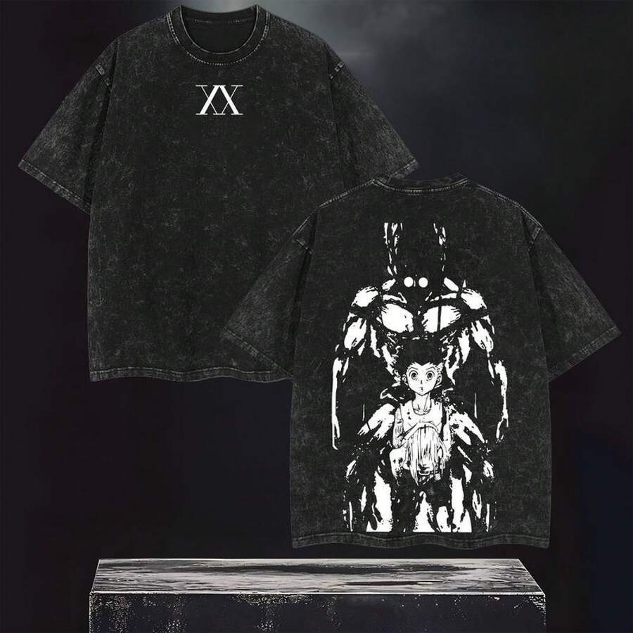 Limited Edition Gon Freecss - Anime Double Printed Oversize Lightweight Acid Washed Tee, Gift For Anime Lover - Black - View 1