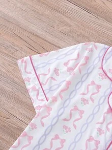 HOREA 2pcs Cute Bow & Floral Print Washable Loungewear Set For Women, Short Sleeve Collared Cardigan Top And Elastic Waist Shorts, Casual Pajamas & Homewear For All Seasons - Hồng - Xem 5