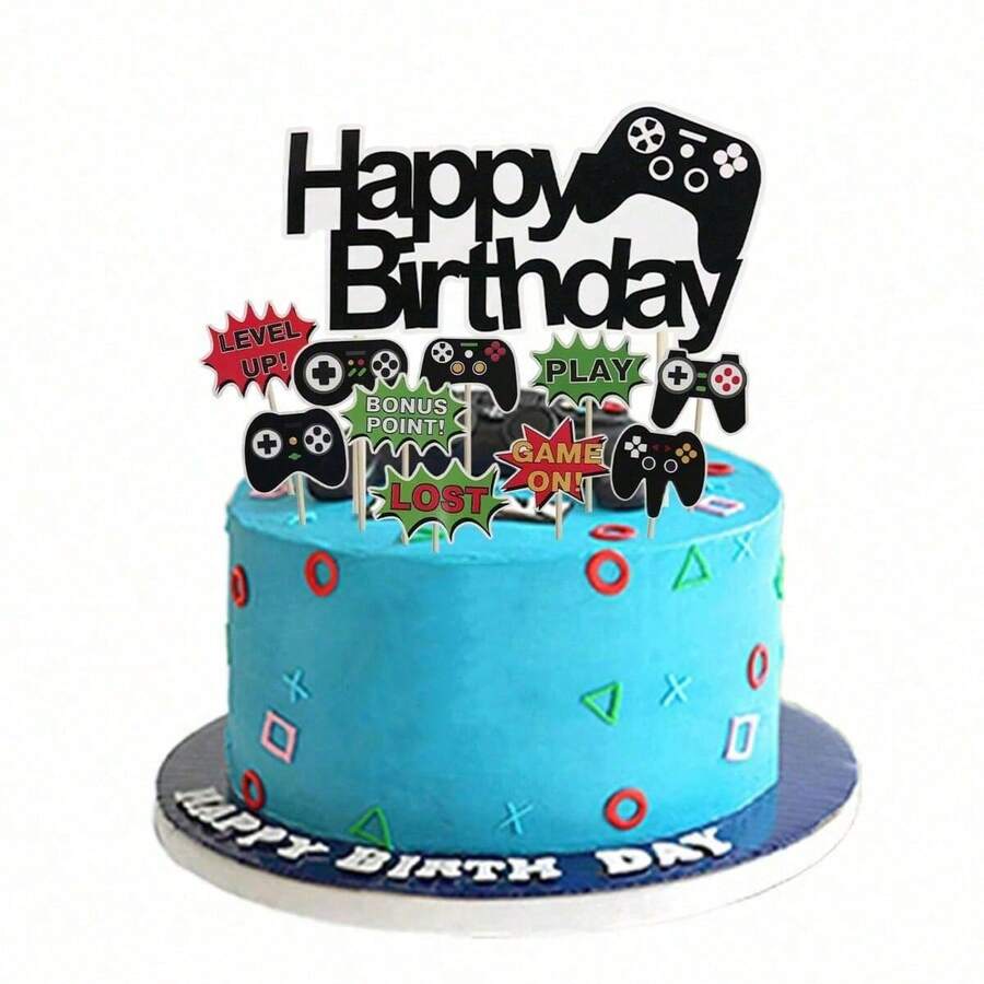9件套生日快乐蛋糕装饰品，电子游戏主题蛋糕插牌，电子游戏主题装饰，男宝宝生日派对用品，化妆派对，服装派对，情人节，角色扮演派对 - 彩色 - 查看 1