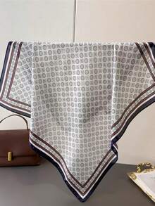 1pc 70*70cm Square Silk Scarf, Women's Satin Printed Headscarf, Fashion Ladies Neckerchief, Shawl, Scarf - Black and Gray - View 4