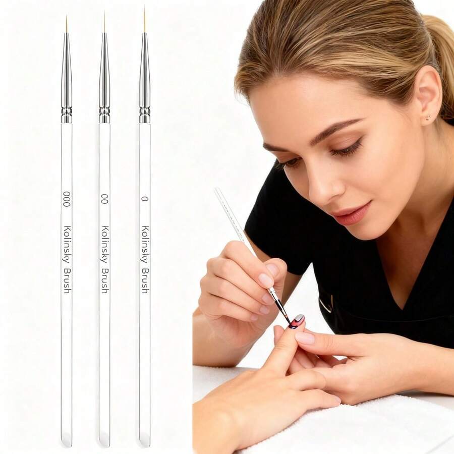 Nail Art Brush Transparent Rod Slant Tail Fine Hair 3 Sets Of Color Painting Brush Pull Brush, Nail Gel Extension Brush Painting Eyeliner Brush Set, French Stripe Nail Eyeliner Brush, Nail Painting Brush - 白色 - 查看 1
