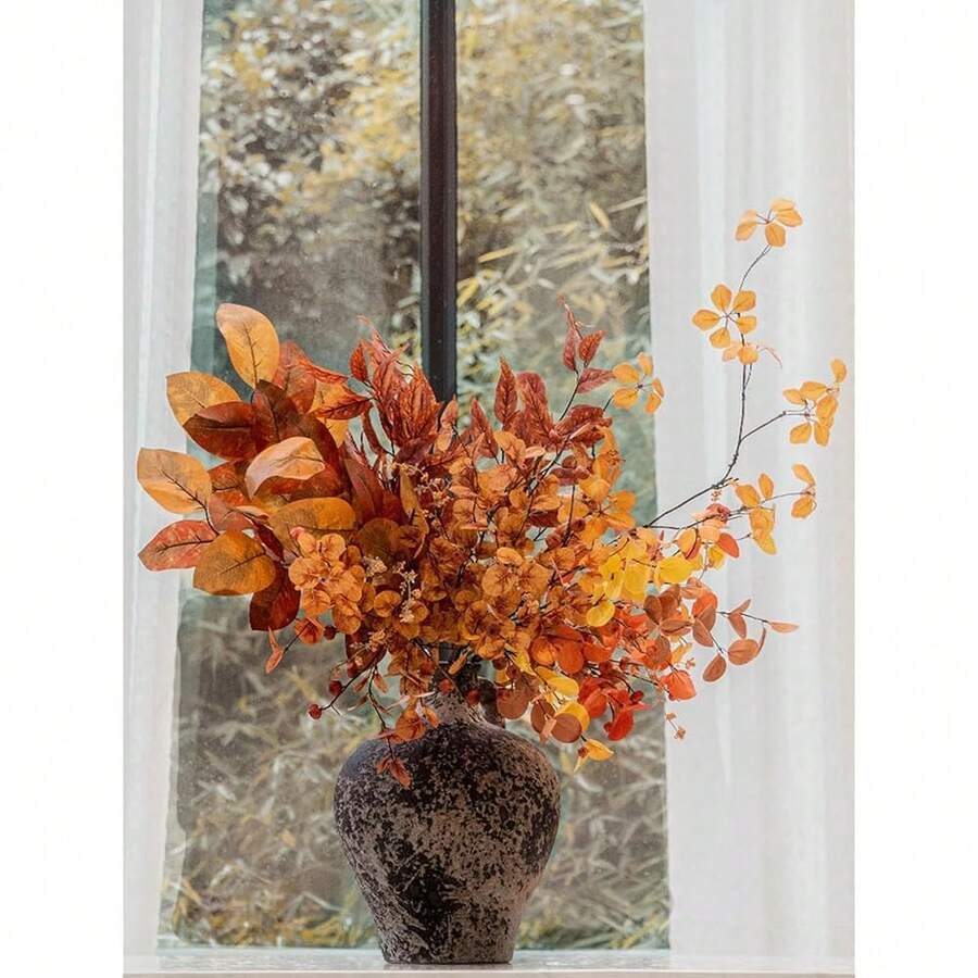 12 PCS 30 Inch Artificial Fall Magnolia Leaves Stems, Fall Decorations For Indoor Outdoor Halloween Than1ks 1giving Farmhouse Arrangement Decorations For Front Door Wedding Centerpieces In Autumn - 木蘭葉金錢草 - 查看 1