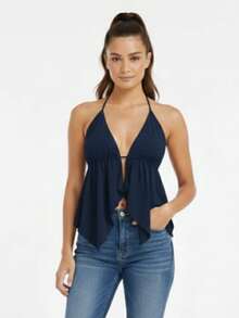 CROPPED BATA CORTININHA FRENTE  UNICA FEMININA /ALÇA  E AMARRAÇAO NAS COSTAS  Tecido de malha    Costas nuas / sem costas  Cordão    Noite - Azul Marinho - Visão 1