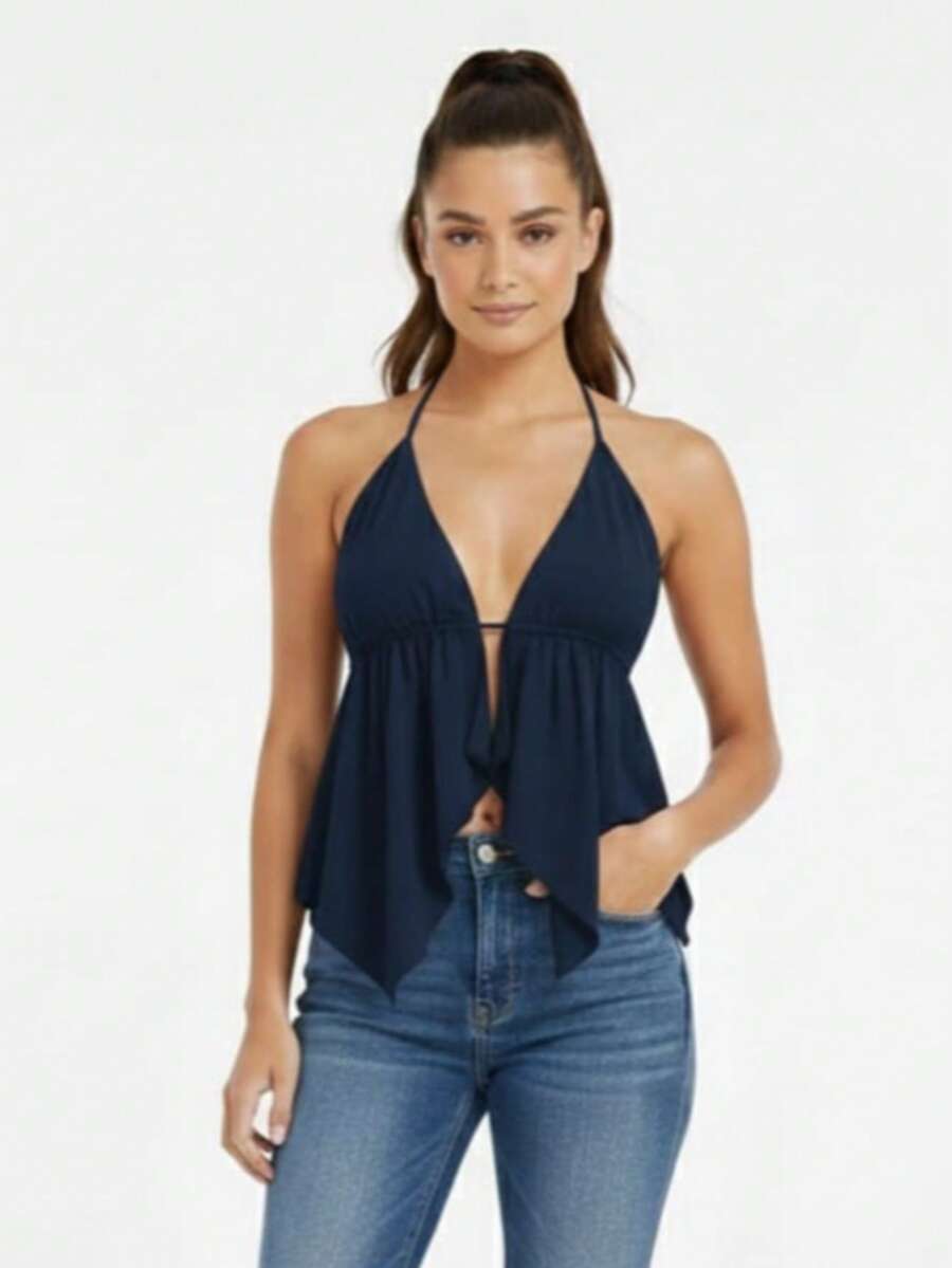 CROPPED BATA CORTININHA FRENTE  UNICA FEMININA /ALÇA  E AMARRAÇAO NAS COSTAS  Tecido de malha    Costas nuas / sem costas  Cordão    Noite - Azul Marinho - Visão 1
