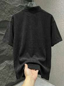 “花卉字体”男士夏季华夫格雪花图案 Polo 衫 - 黑色 - 查看 3