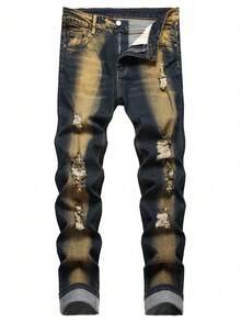 Traje callejero de moda Jeans morados Pantalones de mezclilla desgarrados de alta calidad Pantalones de mezclilla para hombre Moda Comodidad Ajuste Estilo Traje casual Material duradero de larga duración Perfecto para el uso diario - Amarillo - Ver 1