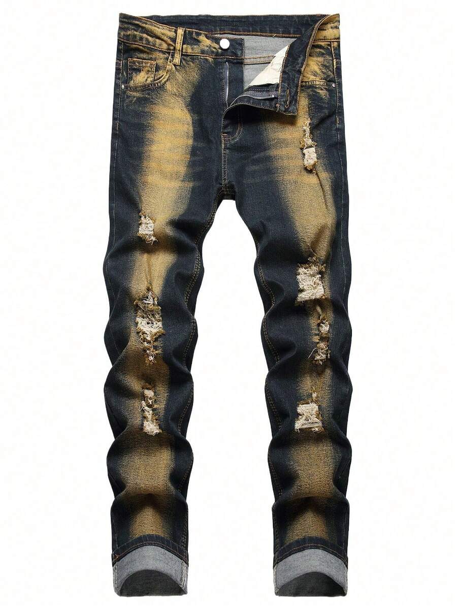 Traje callejero de moda Jeans morados Pantalones de mezclilla desgarrados de alta calidad Pantalones de mezclilla para hombre Moda Comodidad Ajuste Estilo Traje casual Material duradero de larga duración Perfecto para el uso diario - Amarillo - Ver 1