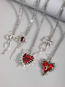 5pcs Y2K Vintage Gothic Punk Rock Style Thorn Heart Cross Rose Bow Ribbon Pendant Necklace Set, Stainless Steel Chain Necklace, Personalized Hip Hop Necklace - Red - View 5