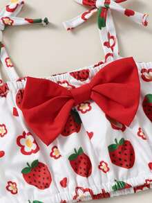 2pcs Baby Girls Cute Fashion 3D Bow Strawberry Flower Heart Print Camisole Top And Layered Tutu Skirt With Hat, Spring/Summer - White - View 5