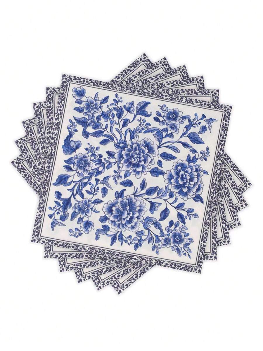 20pcs/40pcs/60pcs 2-Ply Soft Blue & White Porcelain Peony Pattern Paper Napkins, Unfolded Size 33cm*33cm, For One-Time Party Lunch, Guest Towels, Decorations, Birthday, Wedding Anniversary, Graduation Party