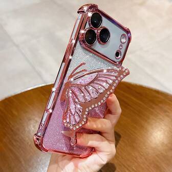 Compatible con iPhone 17, Funda de teléfono a prueba de golpes con electrochapado de moda transparente, airbag, purpurina de arena movediza, soporte de mariposa, compatible con iPhone 17/6/7/8/X/XS/XR/11/12/13/14/15/16/16e, Galaxy S22/23/24/25/S24 FE/S25 EDGE, A04/05/06/A07/A14/A15/A16/A17/A24/A25/A34, Redmi Note 9/10/11/12/13, Redmi 9/10/12/13C/14C, OPPO, MOTO, Honor X, HW, Realme C53/C55/C61/C63/C75 y otros modelos