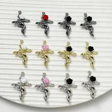 5 件合金时尚翼形十字心形水钻吊坠，35*30 毫米，DIY 手机链、包、项链、耳环、钥匙扣、珠宝配饰