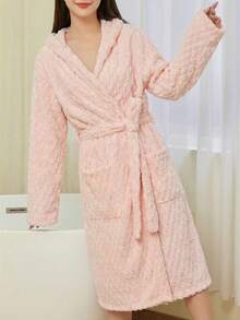 1PC Coral Fleece Hooded Women's Bathrobe 3D Turtle Shell Texture Soft Absorbent Belted Loungewear Winter-Spring Spa Wellness Home Lounge Bath & Dressing Gown Valentine's Gift For Birthday Wedding Anniversary Perfect For Her Multi-Colors Available - Multicolor - View 16