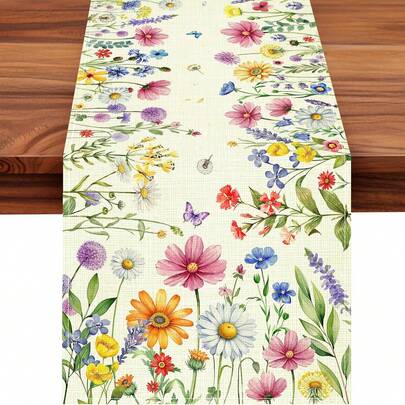 Daisy, Tulip, Lavender Floral Leaf Summer Table Runner, Seasonal Home Kitchen Dining Table Decor For Spring Holiday Party