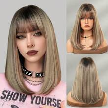 AKAKO 棕色挑染波波头假发，带刘海，14英寸短直发，女士齐肩长度，合成刘海假发，外观自然，耐热，适合日常、万圣节派对等场合，Y2K和哥特风格假发配件 - 挑染棕色 - 查看 11